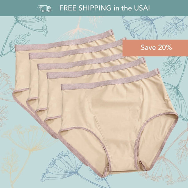 Five pairs of Hem Support Wear's high-waisted briefs in beige with dusty pink trim, arranged in a fan shape on a light blue background with floral line drawings. Promotional text overlays read 'FREE SHIPPING in the USA!' and 'Save 20%'.