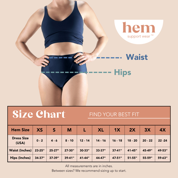 A size chart graphic for Hem support wear, showing a model wearing a navy blue bra and garment with dashed lines labeling waist and hips. Below the model is a size chart table listing dress sizes from 0-2 to 4X with waist and hip measurements in inches.