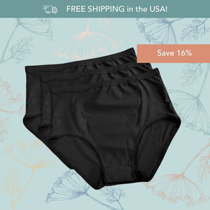 Three pairs of Hem Support Wear's black high waisted brief pelvic floor support underwear stacked together on a light blue background with floral line drawings and promotional text reading 'FREE SHIPPING in the USA!' and 'Save 16%'.