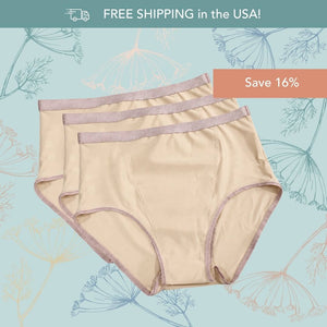 Three pairs of Hem Support Wear's prolapse support underwear high-waisted briefs in a light beige color with dusty pink elastic waistbands, arranged diagonally on a light blue background with floral line drawings and promotional text overlays.