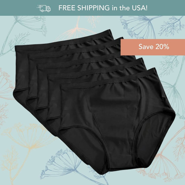 Five pairs of black high-waisted pelvic floor support briefs arranged in a fan layout on a light blue background with floral line drawings. Promotional text at the top reads 'FREE SHIPPING in the USA!' and a peach badge says 'Save 20%'.