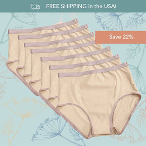 Seven pairs of Hem Support Wear's prolapse support underwear High Waisted Briefs in beige arranged in a fan layout on a light blue floral background, with promotional text reading 'FREE SHIPPING in the USA!' and 'Save 22%'.