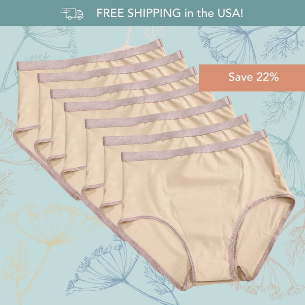 Seven pairs of Hem Support Wear's prolapse support underwear High Waisted Briefs in beige arranged in a fan layout on a light blue floral background, with promotional text reading 'FREE SHIPPING in the USA!' and 'Save 22%'.