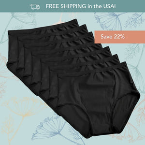 Seven pairs of Hem Support Wear's pelvic floor support underwear High Waisted Briefs in black arranged in a fan layout on a light blue floral background, with promotional text reading 'FREE SHIPPING in the USA!' and 'Save 22%'.