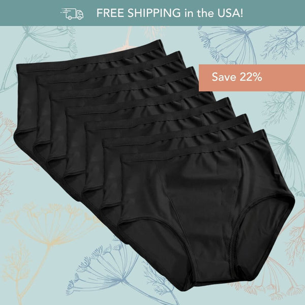 Seven pairs of Hem Support Wear's pelvic floor support underwear High Waisted Briefs in black arranged in a fan layout on a light blue floral background, with promotional text reading 'FREE SHIPPING in the USA!' and 'Save 22%'.
